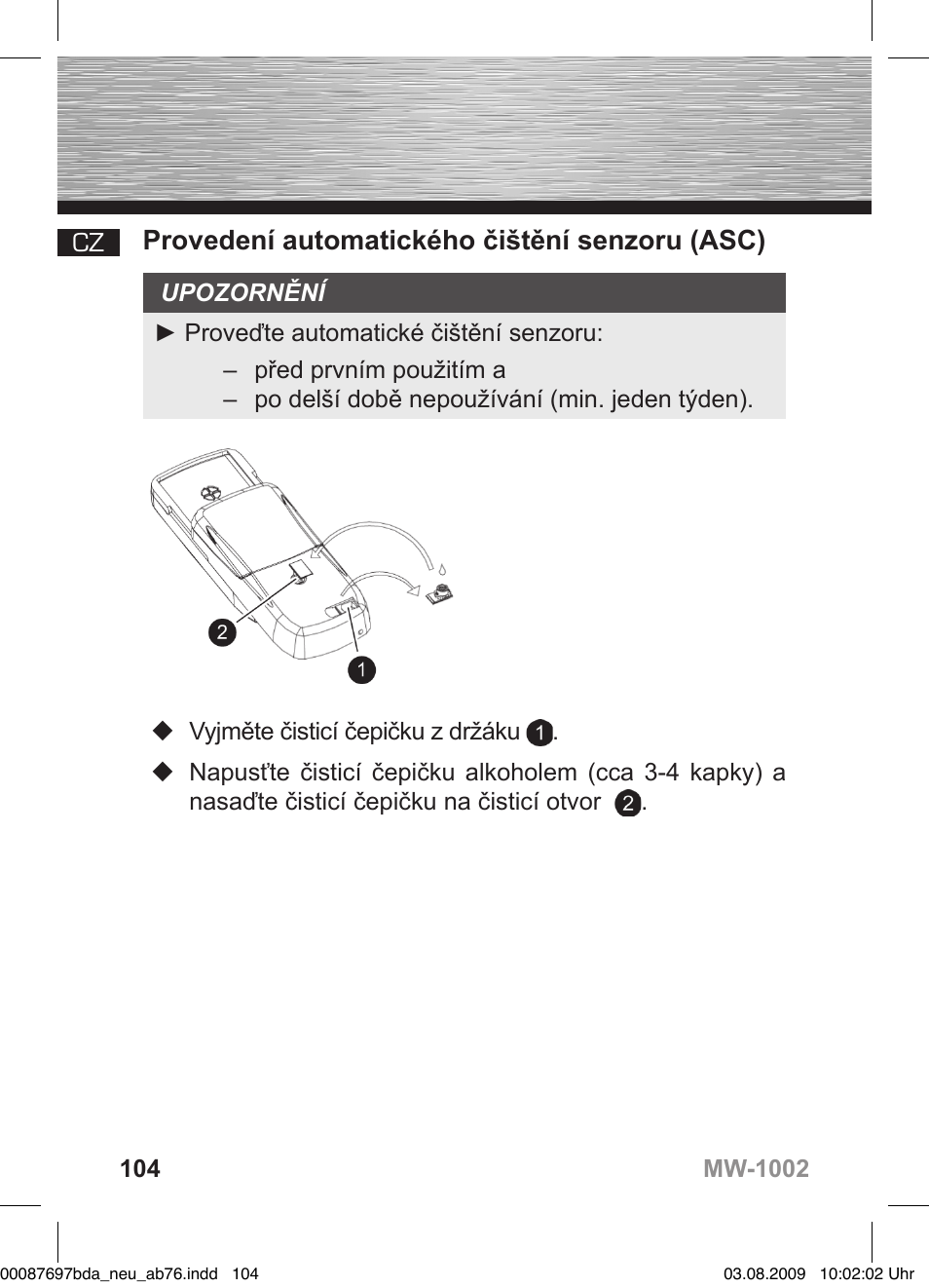 D bedienungsanleitung, Provedení automatického čištění senzoru (asc) | Hama MW1002 User Manual | Page 104 / 156