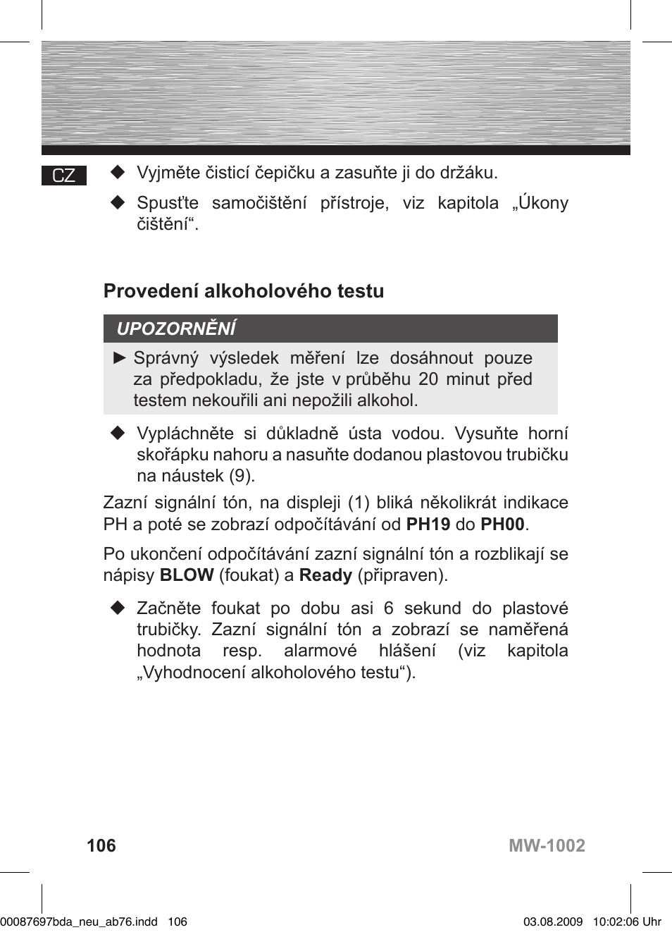 D bedienungsanleitung, Provedení alkoholového testu | Hama MW1002 User Manual | Page 106 / 156