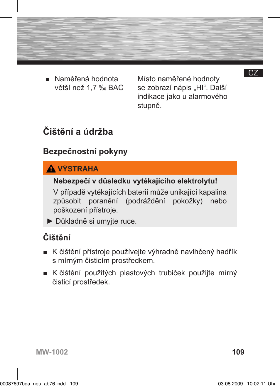 Čištění a údržba, Bezpečnostní pokyny, Čištění | Hama MW1002 User Manual | Page 109 / 156