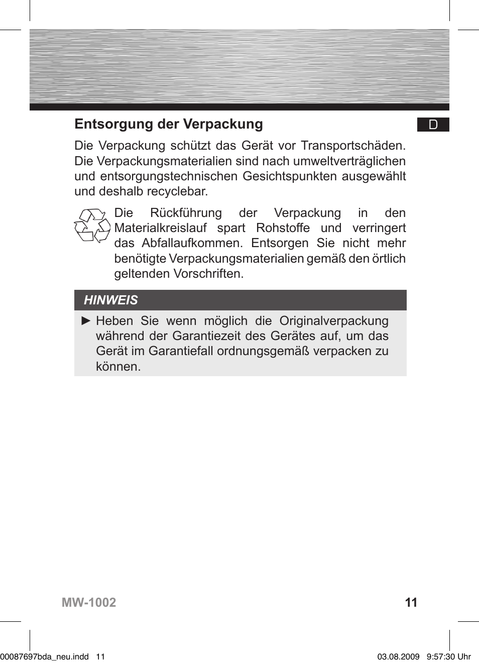 Entsorgung der verpackung | Hama MW1002 User Manual | Page 11 / 156