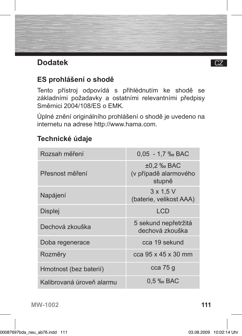 Dodatek, Es prohlášení o shodě, Technické údaje | Hama MW1002 User Manual | Page 111 / 156