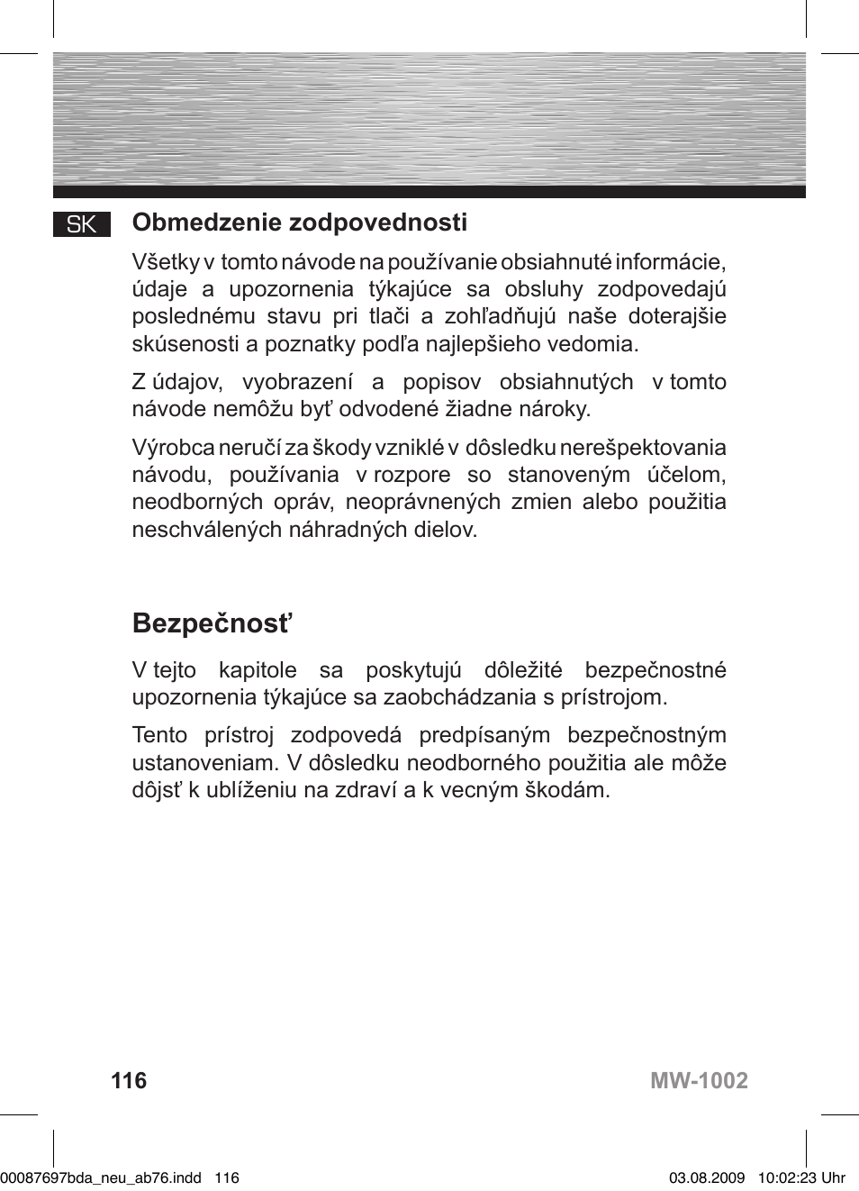 D bedienungsanleitung, Bezpečnosť, Obmedzenie zodpovednosti | Hama MW1002 User Manual | Page 116 / 156