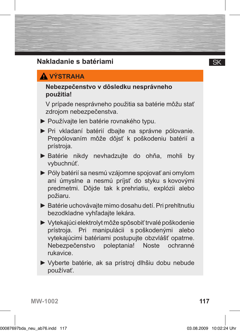 Nakladanie s batériami | Hama MW1002 User Manual | Page 117 / 156