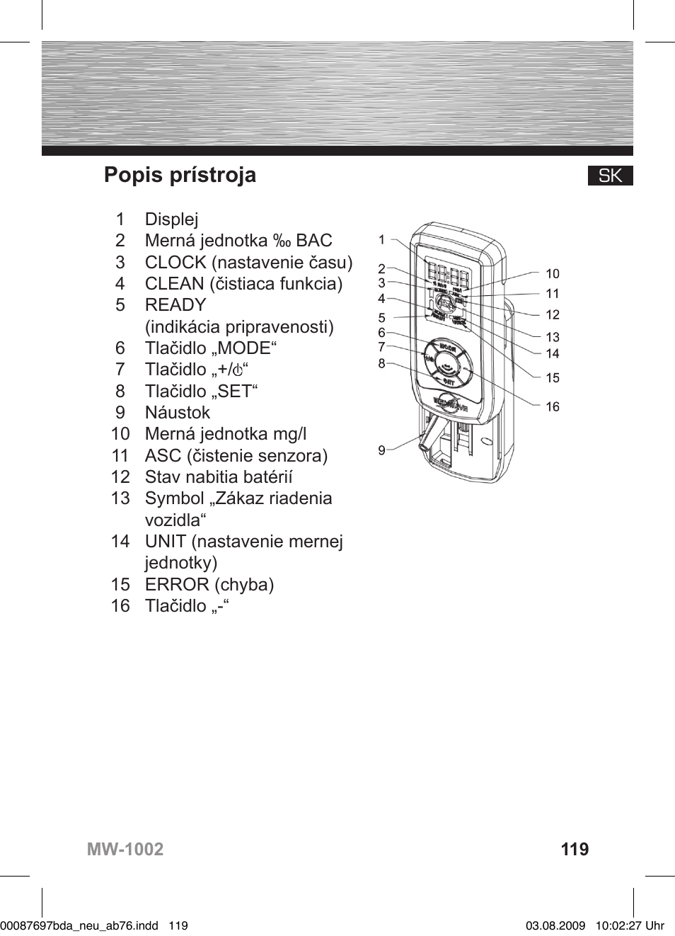 Popis prístroja | Hama MW1002 User Manual | Page 119 / 156