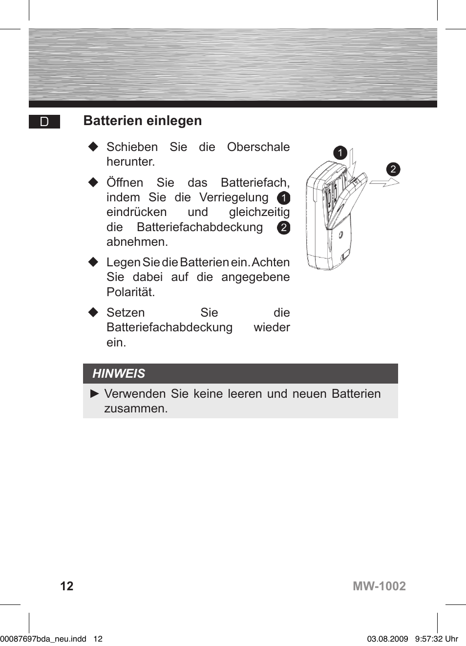 Batterien einlegen | Hama MW1002 User Manual | Page 12 / 156