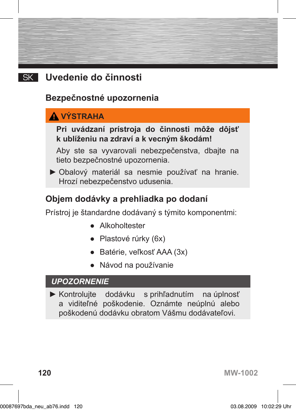 D bedienungsanleitung, Uvedenie do činnosti, Bezpečnostné upozornenia | Objem dodávky a prehliadka po dodaní | Hama MW1002 User Manual | Page 120 / 156