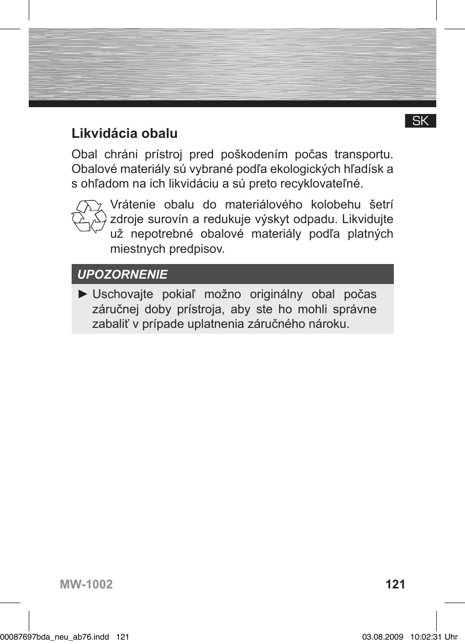 Likvidácia obalu | Hama MW1002 User Manual | Page 121 / 156