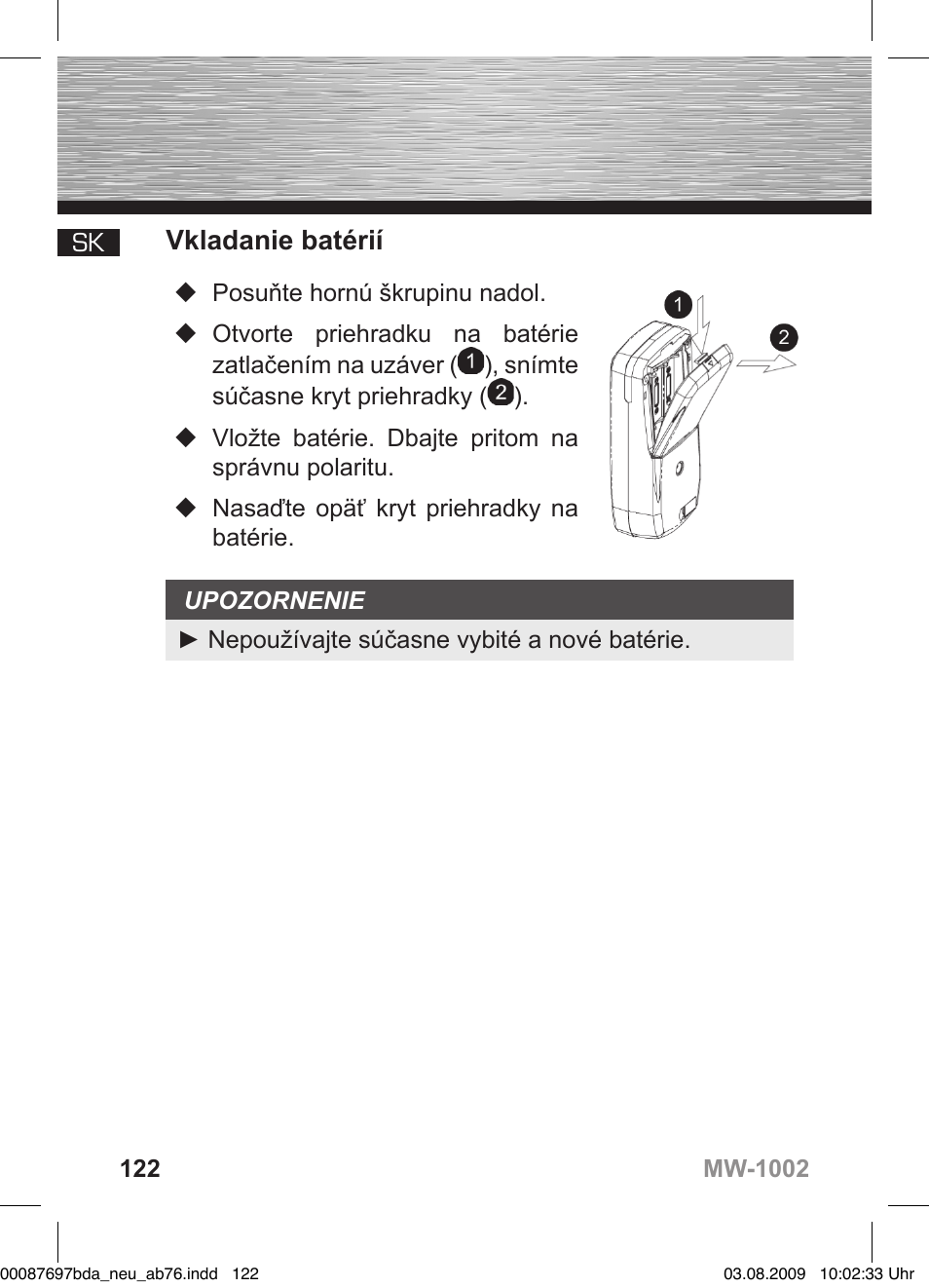 D bedienungsanleitung, Vkladanie batérií | Hama MW1002 User Manual | Page 122 / 156