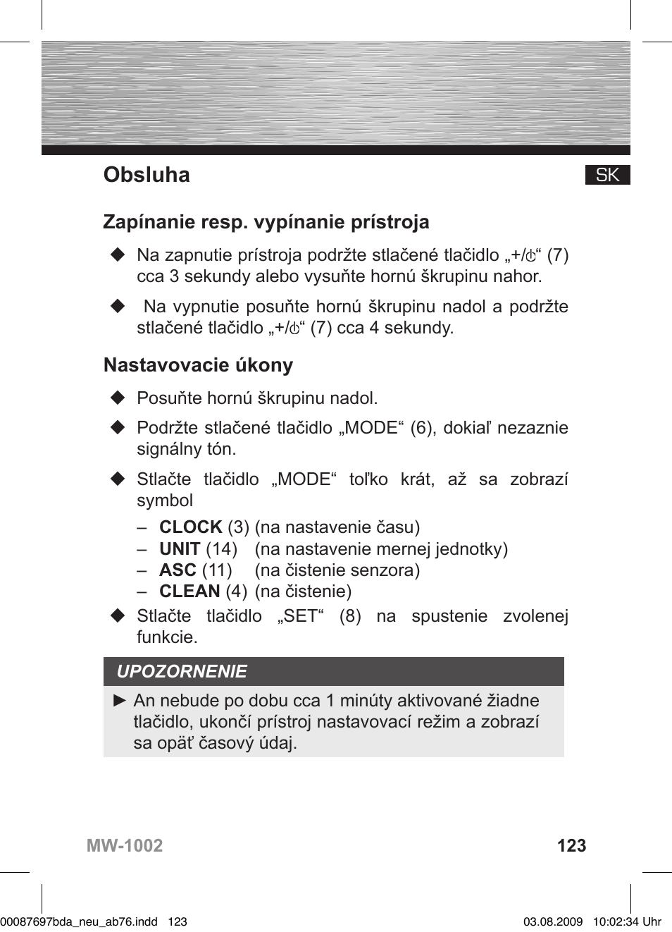 Obsluha, Zapínanie resp. vypínanie prístroja, Nastavovacie úkony | Hama MW1002 User Manual | Page 123 / 156