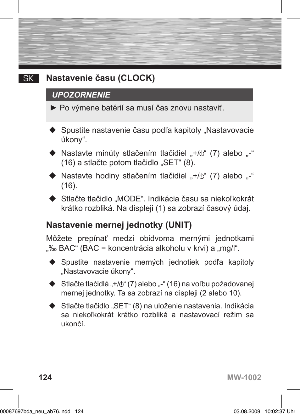 D bedienungsanleitung, Nastavenie času (clock), Nastavenie mernej jednotky (unit) | Hama MW1002 User Manual | Page 124 / 156