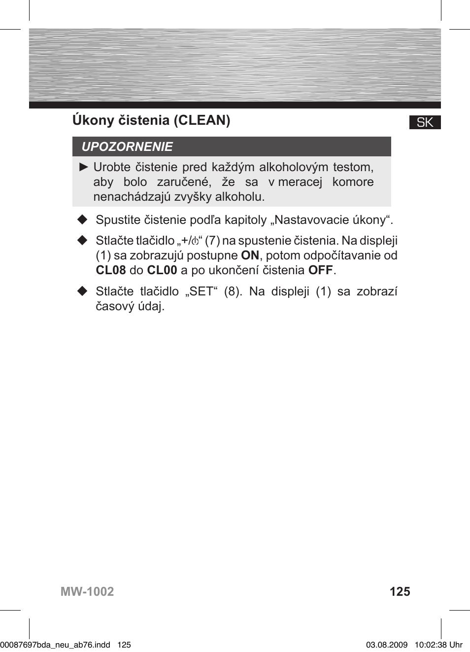 Úkony čistenia (clean) | Hama MW1002 User Manual | Page 125 / 156