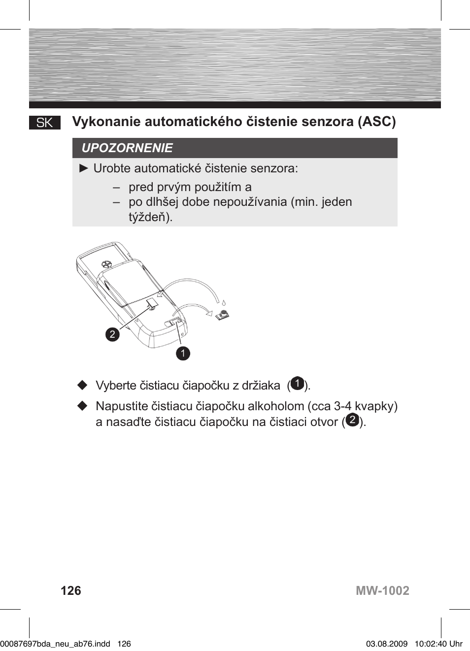 D bedienungsanleitung, Vykonanie automatického čistenie senzora (asc) | Hama MW1002 User Manual | Page 126 / 156