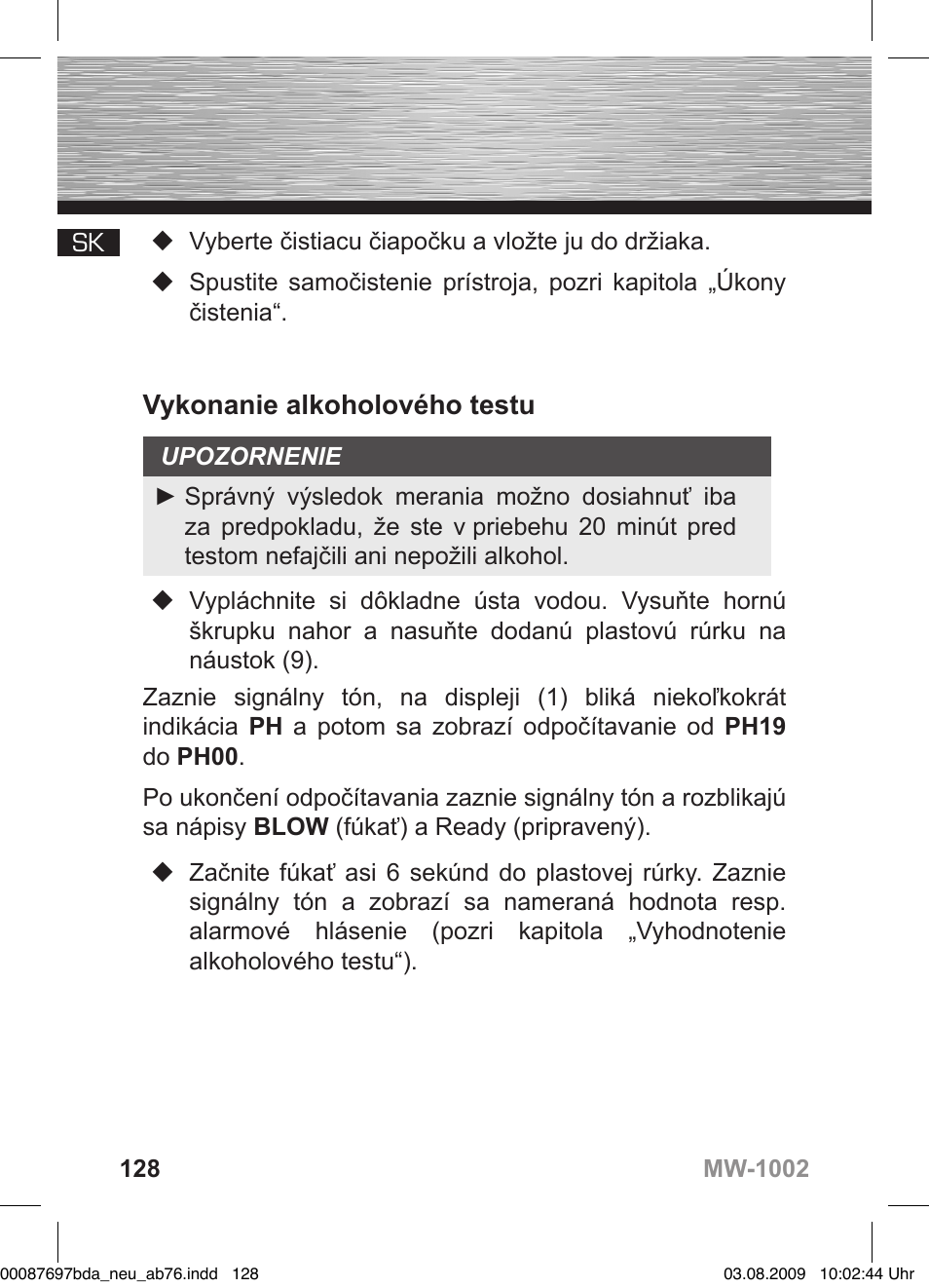 D bedienungsanleitung, Vykonanie alkoholového testu | Hama MW1002 User Manual | Page 128 / 156