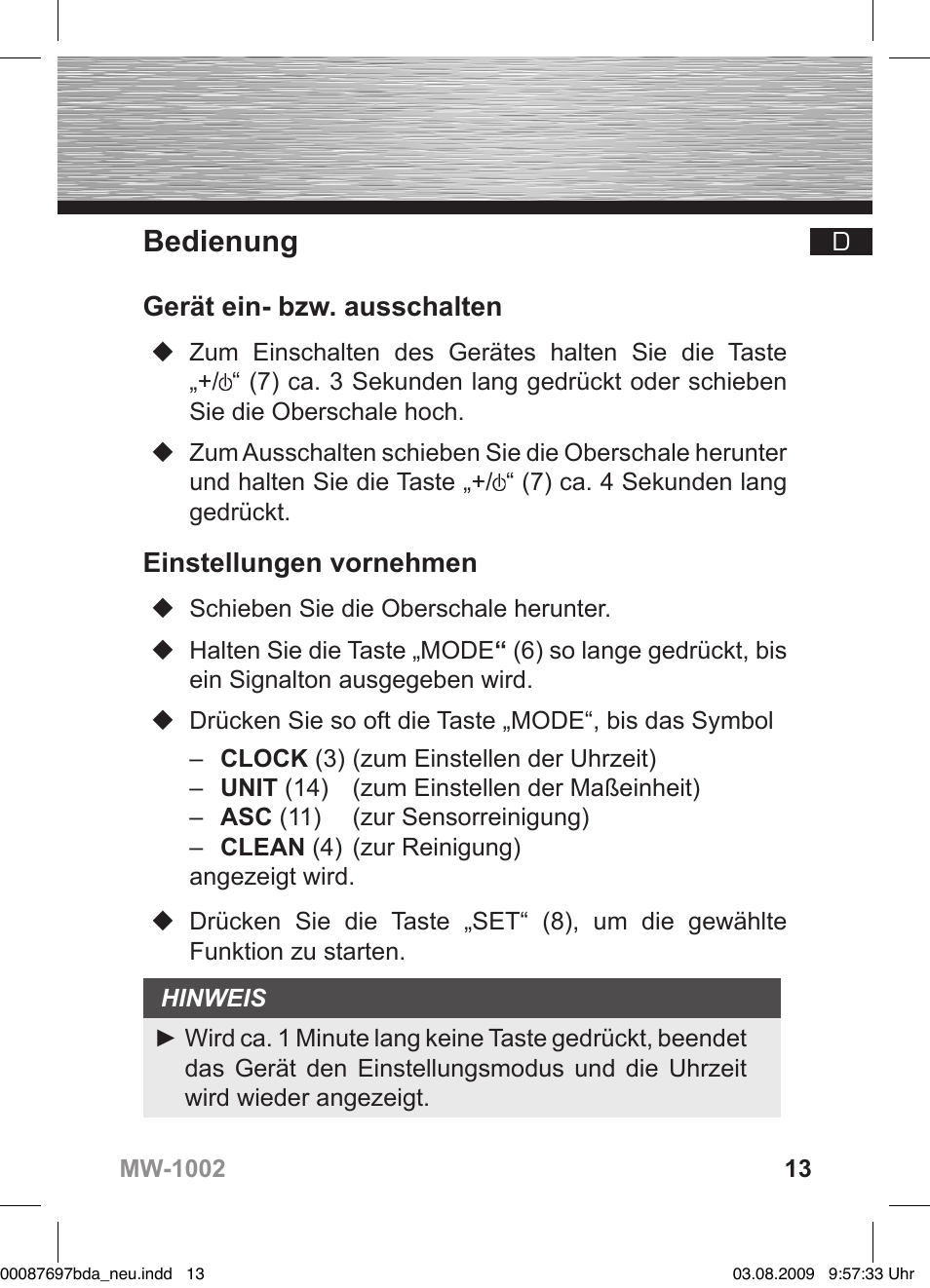 Bedienung, Gerät ein- bzw. ausschalten, Einstellungen vornehmen | Hama MW1002 User Manual | Page 13 / 156