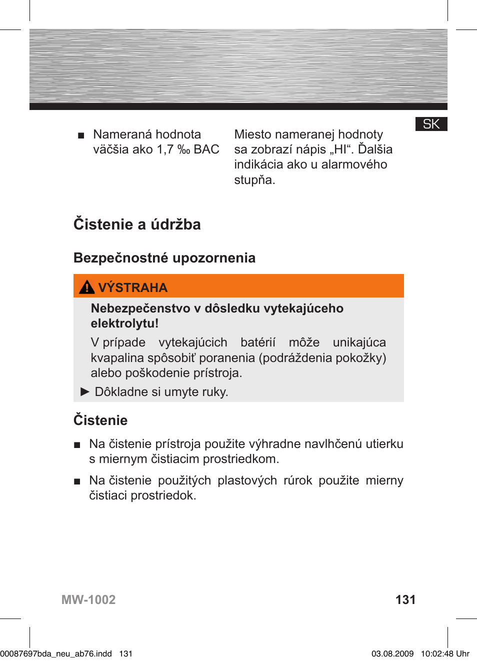 Čistenie a údržba, Bezpečnostné upozornenia, Čistenie | Hama MW1002 User Manual | Page 131 / 156