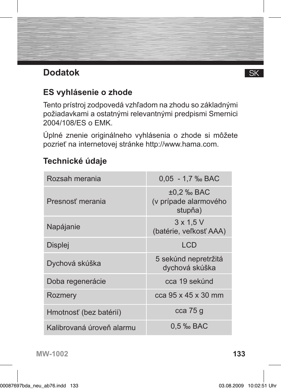 Dodatok, Es vyhlásenie o zhode, Technické údaje | Hama MW1002 User Manual | Page 133 / 156