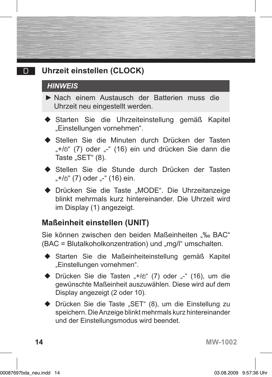 Uhrzeit einstellen (clock), Maßeinheit einstellen (unit) | Hama MW1002 User Manual | Page 14 / 156