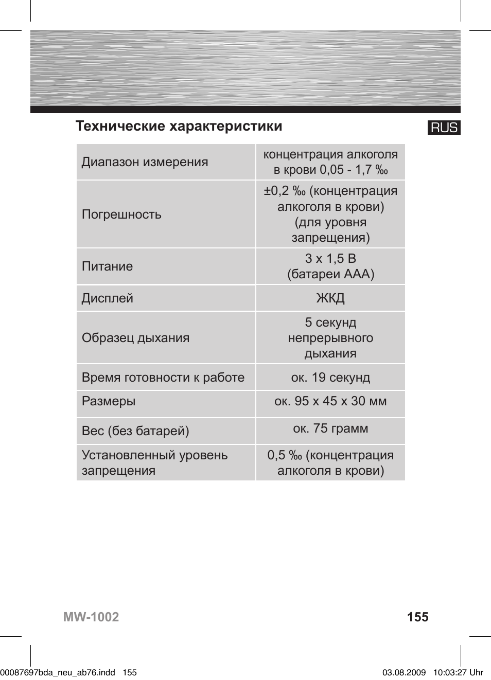 Технические характеристики | Hama MW1002 User Manual | Page 155 / 156