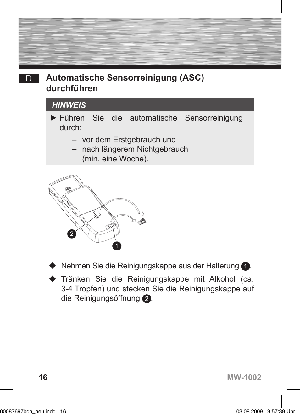 Automatische sensorreinigung (asc) durchführen | Hama MW1002 User Manual | Page 16 / 156