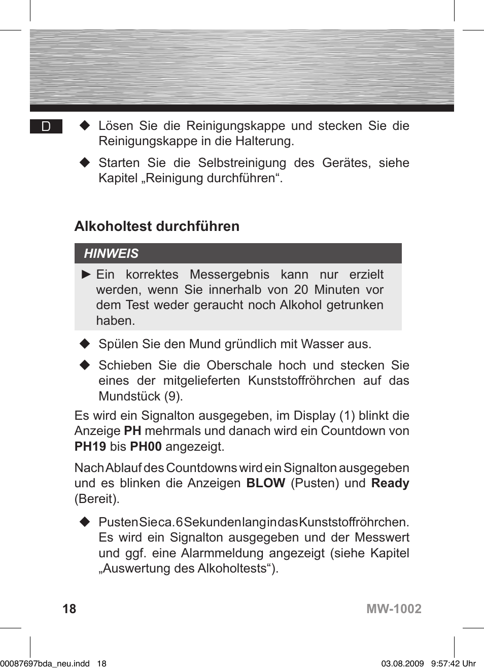 Alkoholtest durchführen | Hama MW1002 User Manual | Page 18 / 156