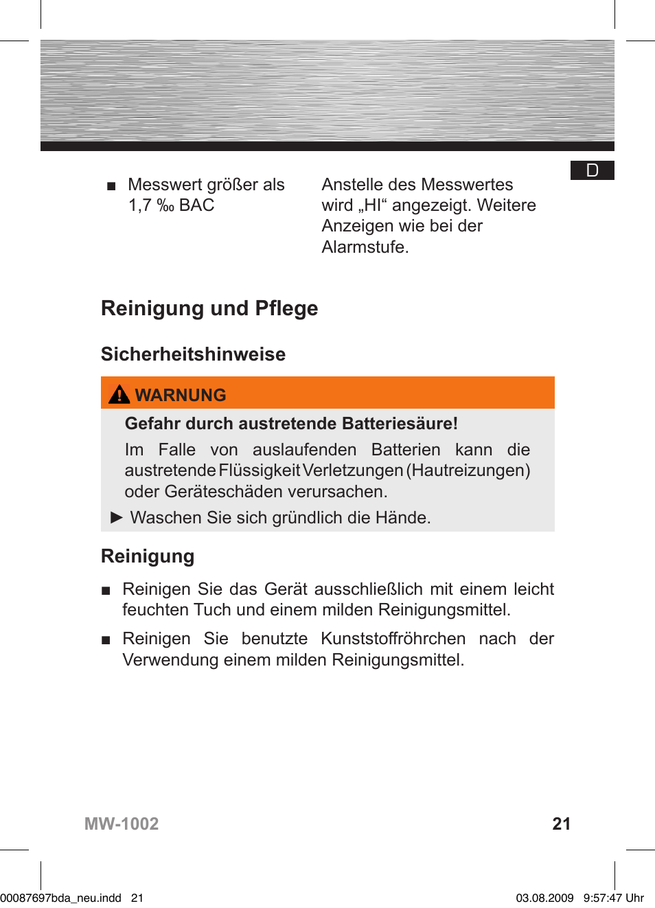 Reinigung und pflege, Sicherheitshinweise, Reinigung | Hama MW1002 User Manual | Page 21 / 156