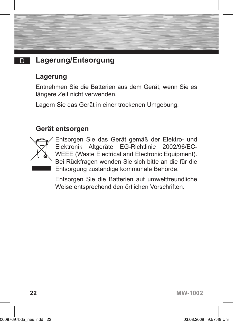 Lagerung/entsorgung, Lagerung, Gerät entsorgen | Hama MW1002 User Manual | Page 22 / 156