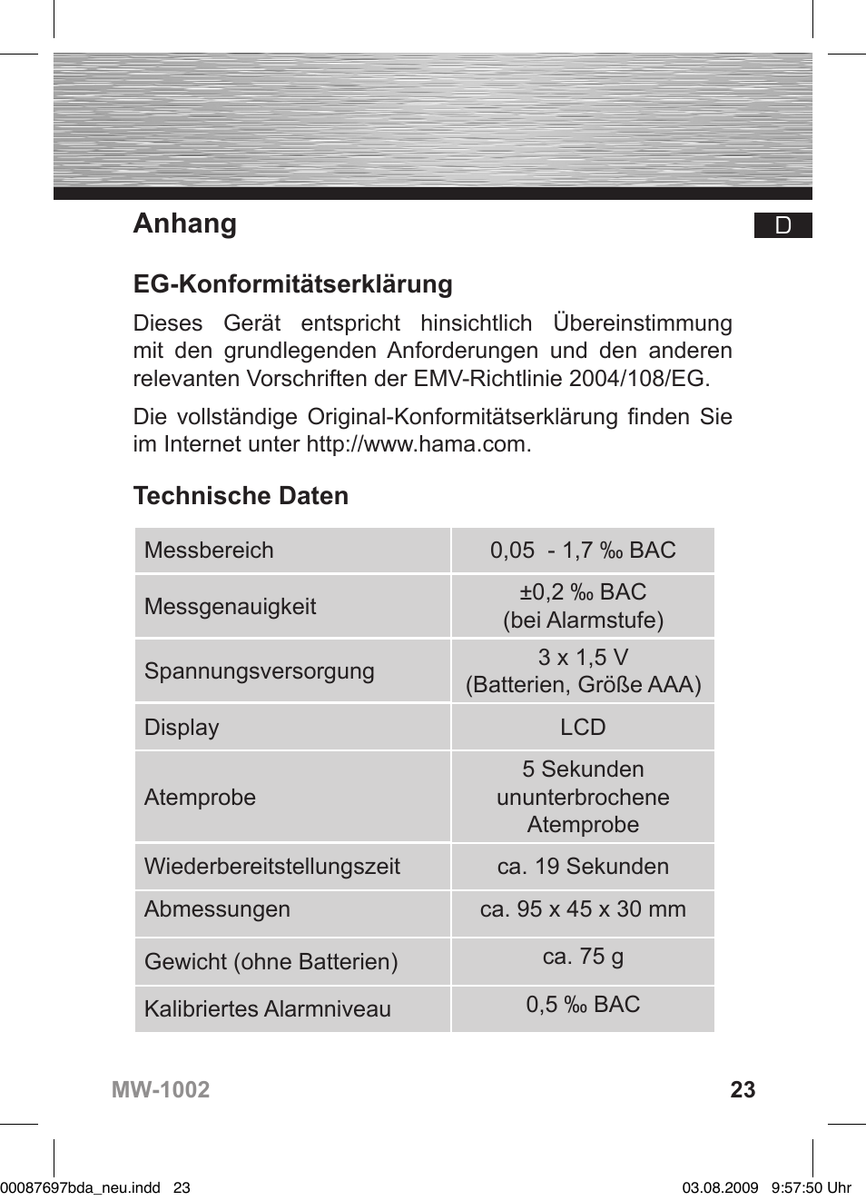 Anhang, Eg-konformitätserklärung, Technische daten | Hama MW1002 User Manual | Page 23 / 156