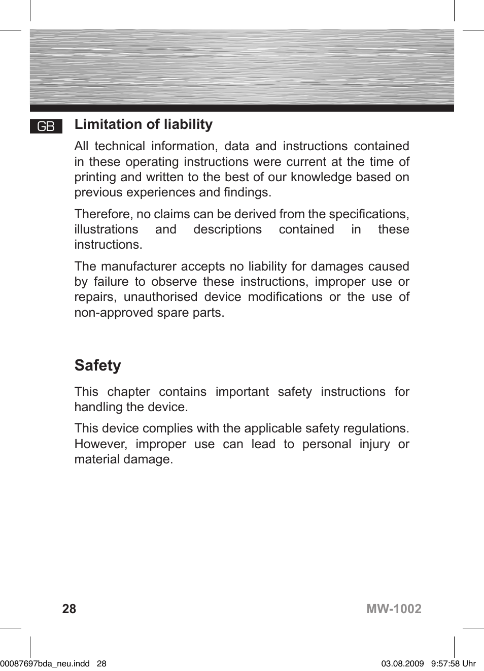 D bedienungsanleitung, Safety, Limitation of liability | Hama MW1002 User Manual | Page 28 / 156