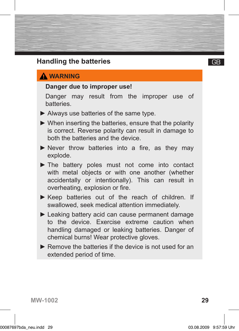 Handling the batteries | Hama MW1002 User Manual | Page 29 / 156