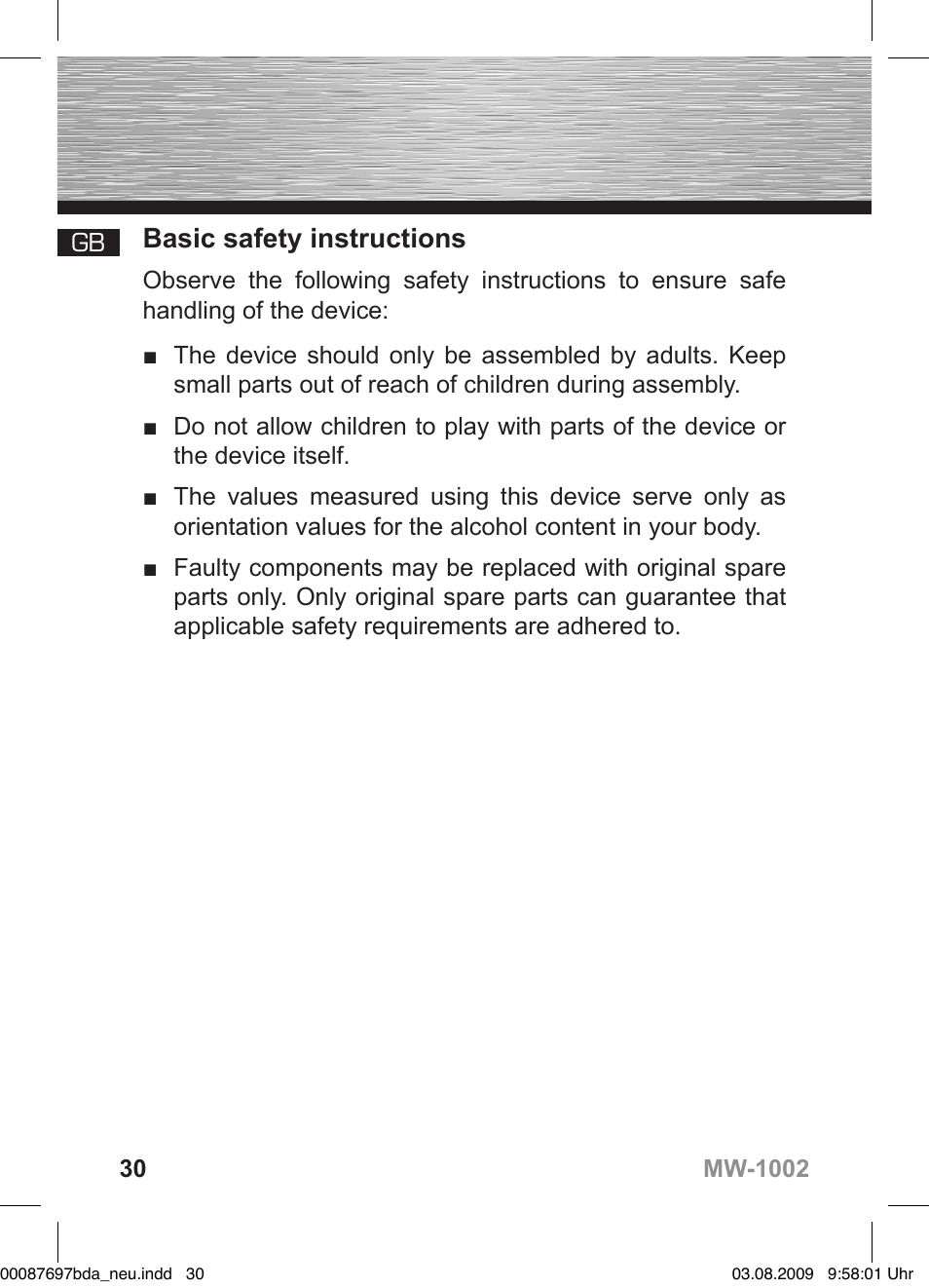 D bedienungsanleitung, Basic safety instructions | Hama MW1002 User Manual | Page 30 / 156