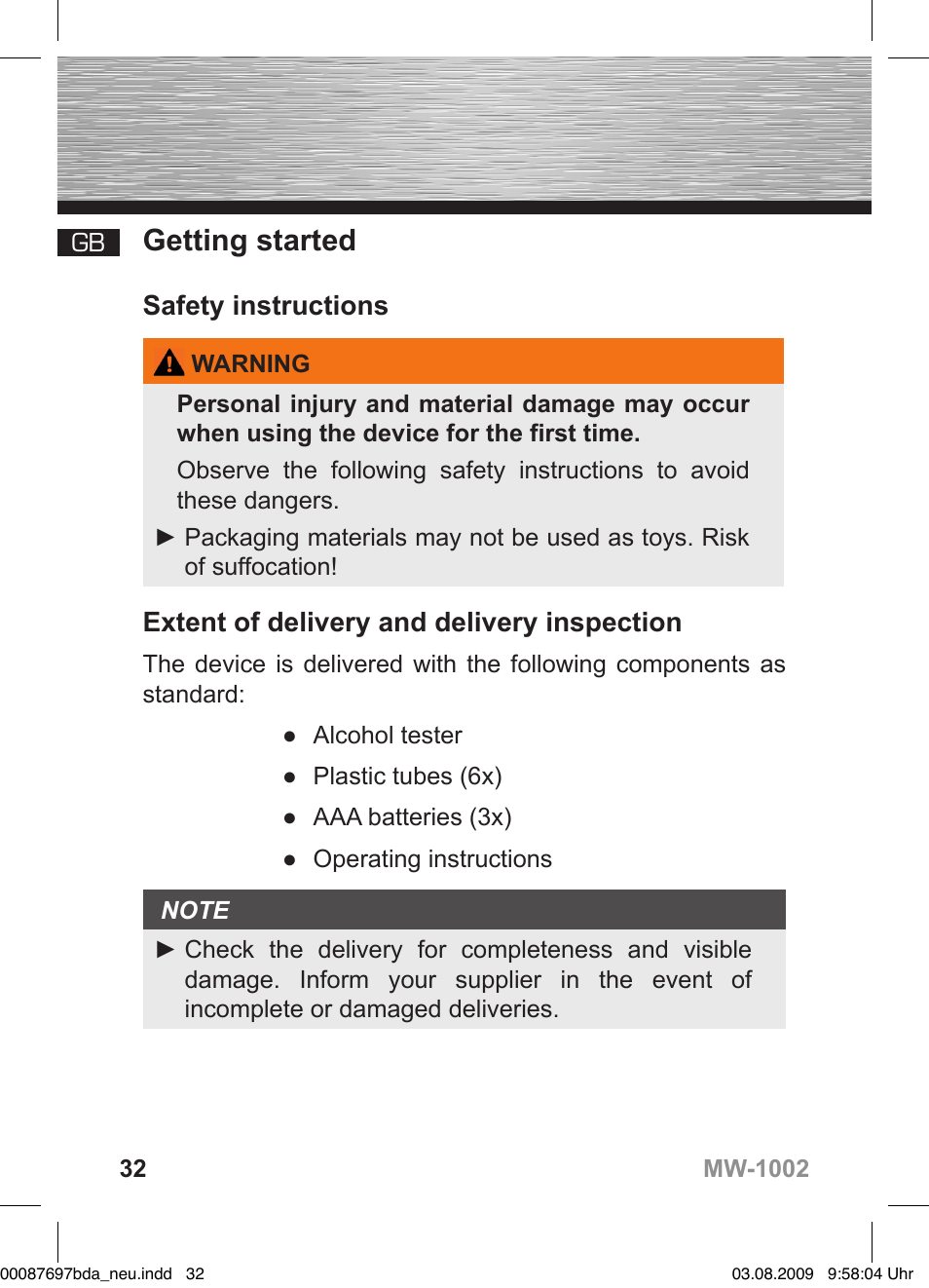 D bedienungsanleitung, Getting started, Safety instructions | Extent of delivery and delivery inspection | Hama MW1002 User Manual | Page 32 / 156