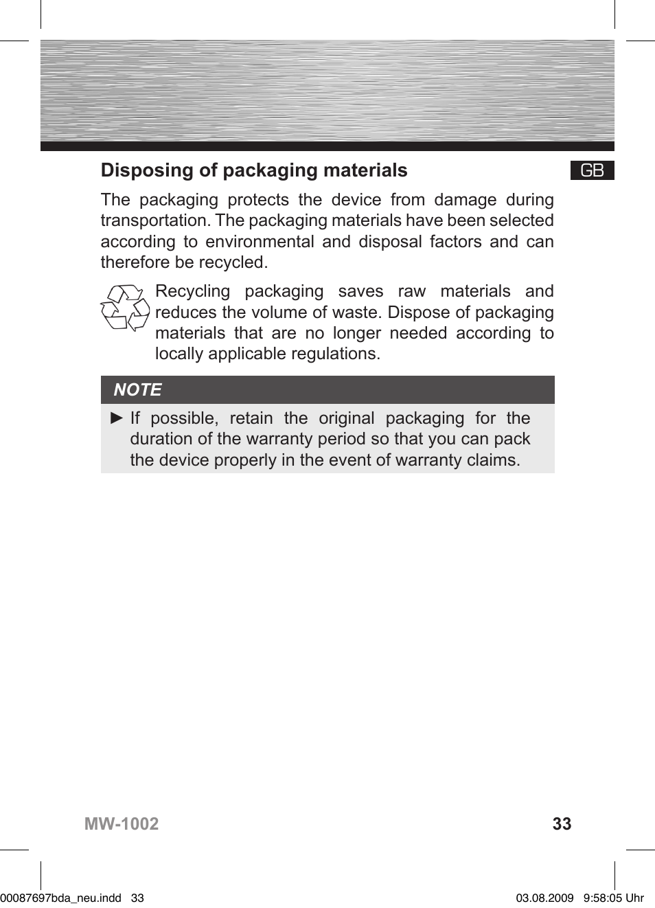 Disposing of packaging materials | Hama MW1002 User Manual | Page 33 / 156