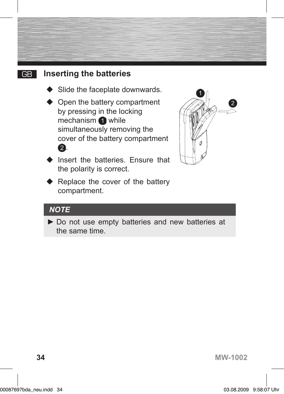 D bedienungsanleitung, Inserting the batteries | Hama MW1002 User Manual | Page 34 / 156