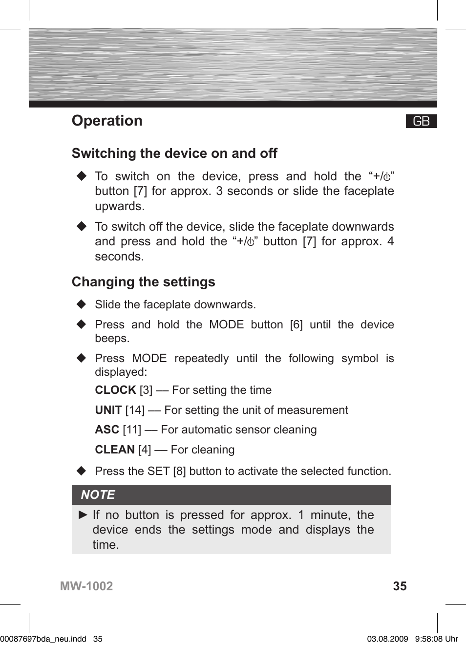 Operation, Switching the device on and off, Changing the settings | Hama MW1002 User Manual | Page 35 / 156