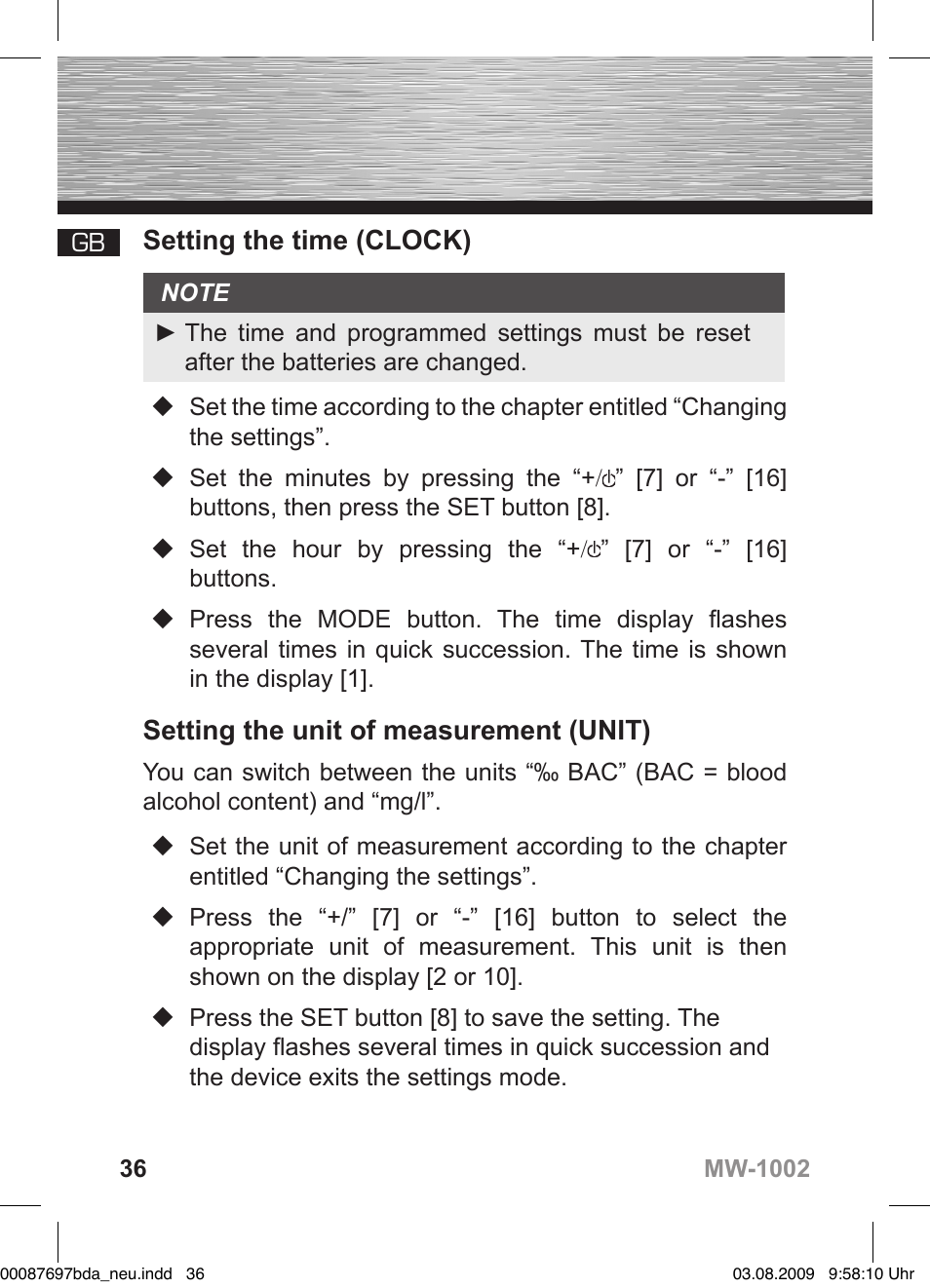 D bedienungsanleitung, Setting the time (clock), Setting the unit of measurement (unit) | Hama MW1002 User Manual | Page 36 / 156