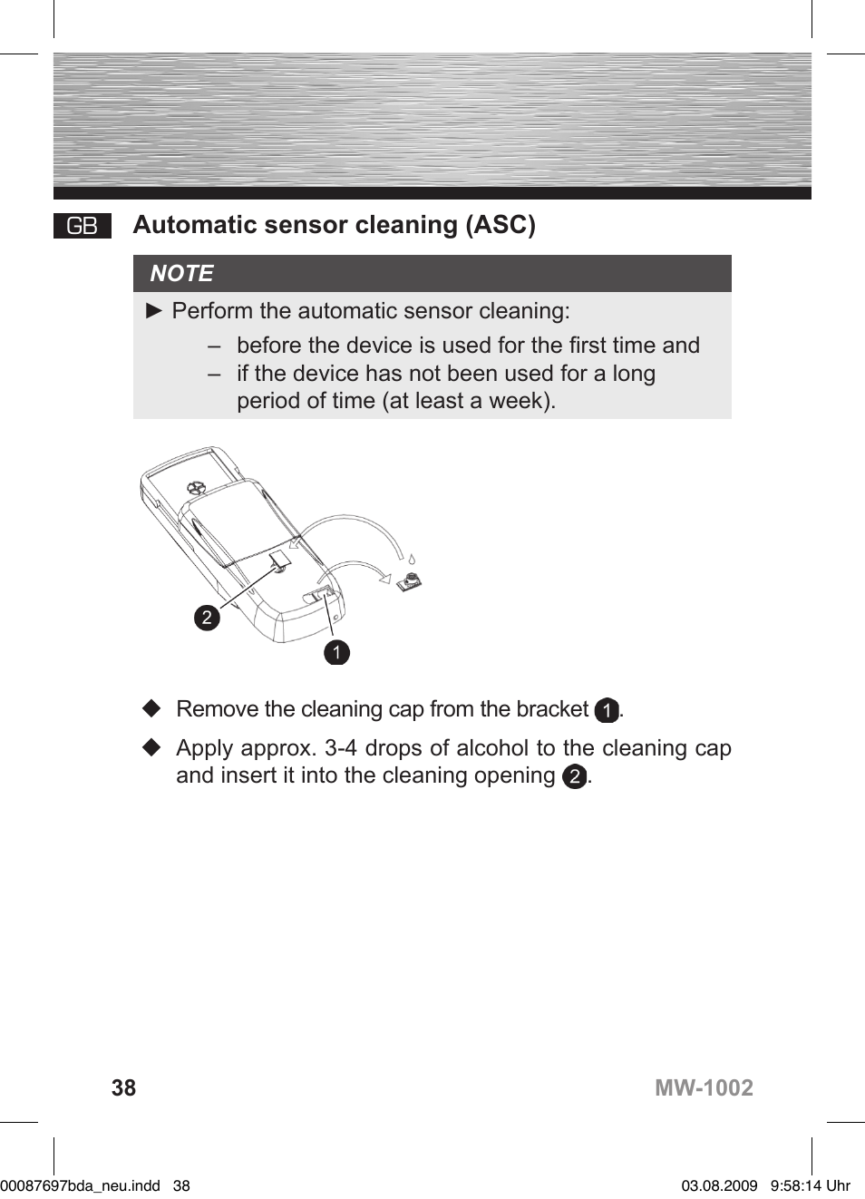 D bedienungsanleitung, Automatic sensor cleaning (asc) | Hama MW1002 User Manual | Page 38 / 156