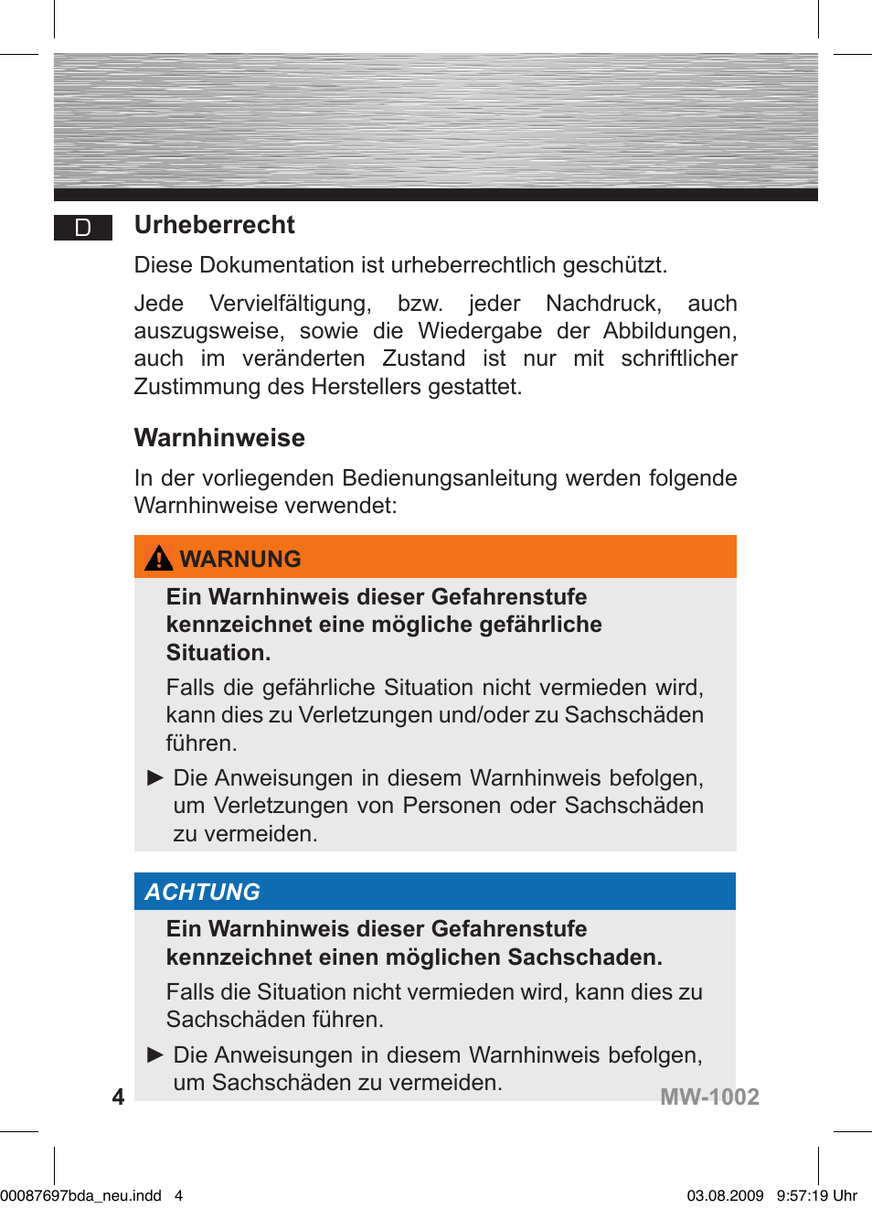 Urheberrecht, Warnhinweise | Hama MW1002 User Manual | Page 4 / 156