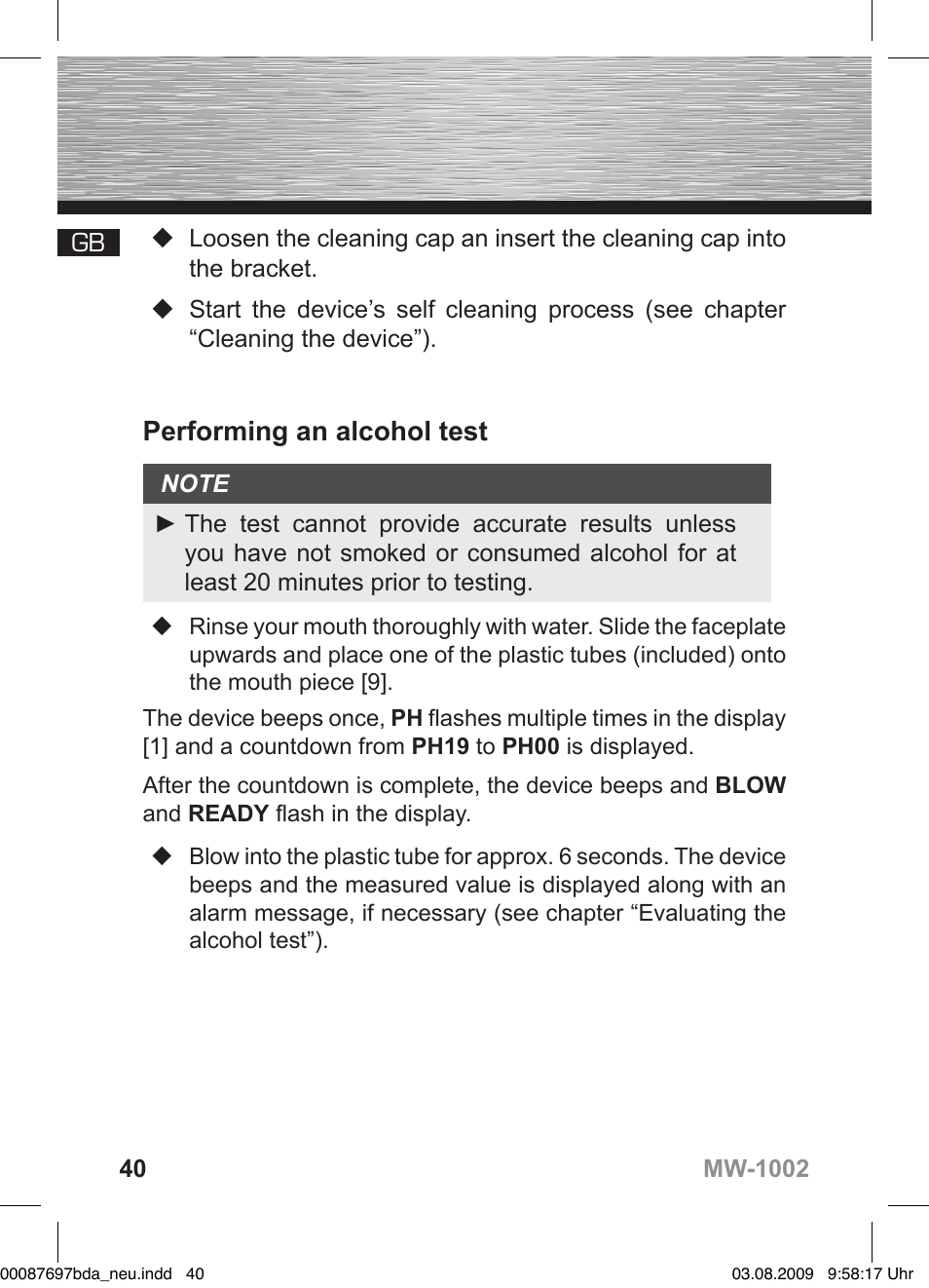 D bedienungsanleitung, Performing an alcohol test | Hama MW1002 User Manual | Page 40 / 156