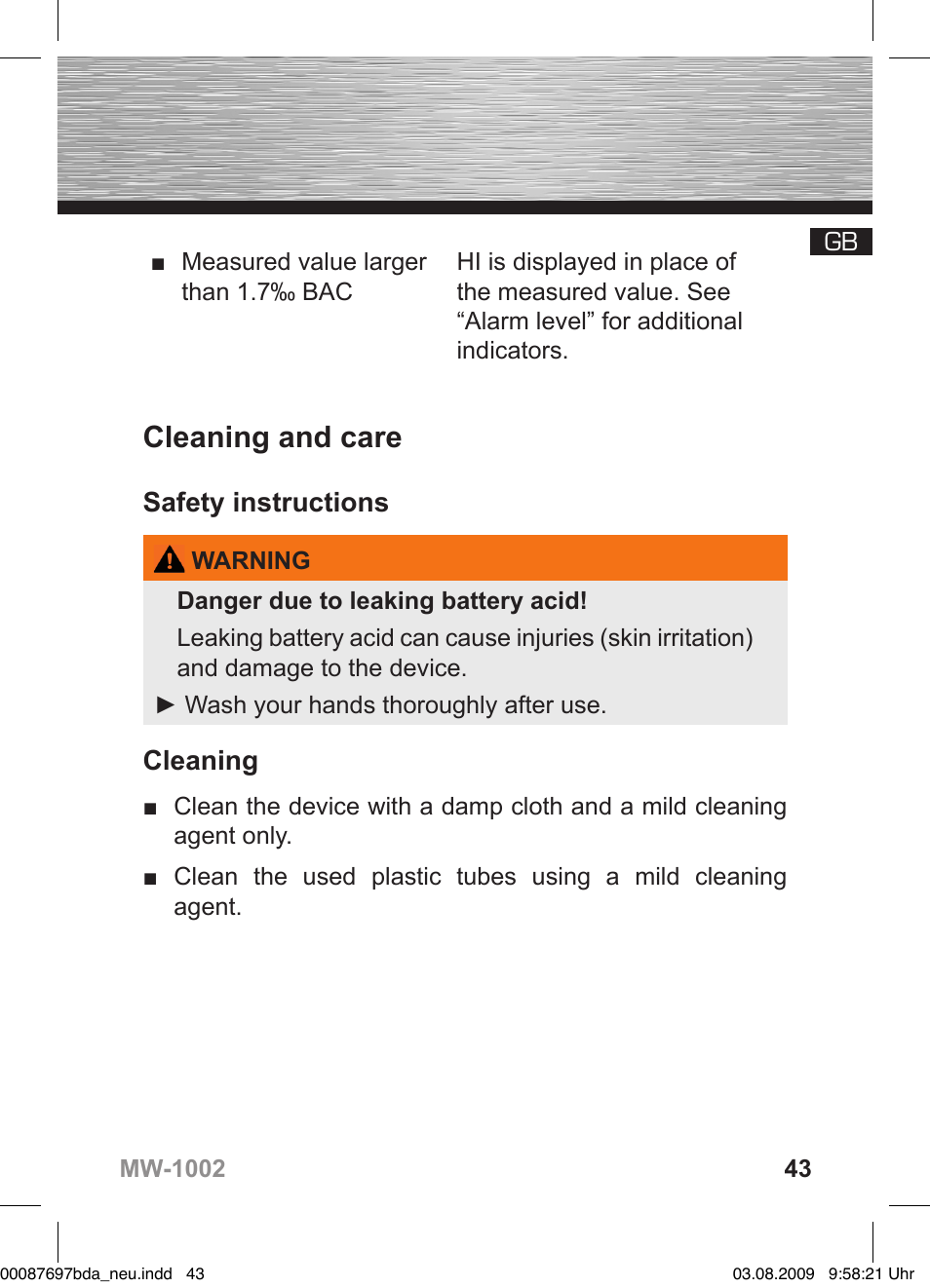 Cleaning and care, Safety instructions, Cleaning | Hama MW1002 User Manual | Page 43 / 156