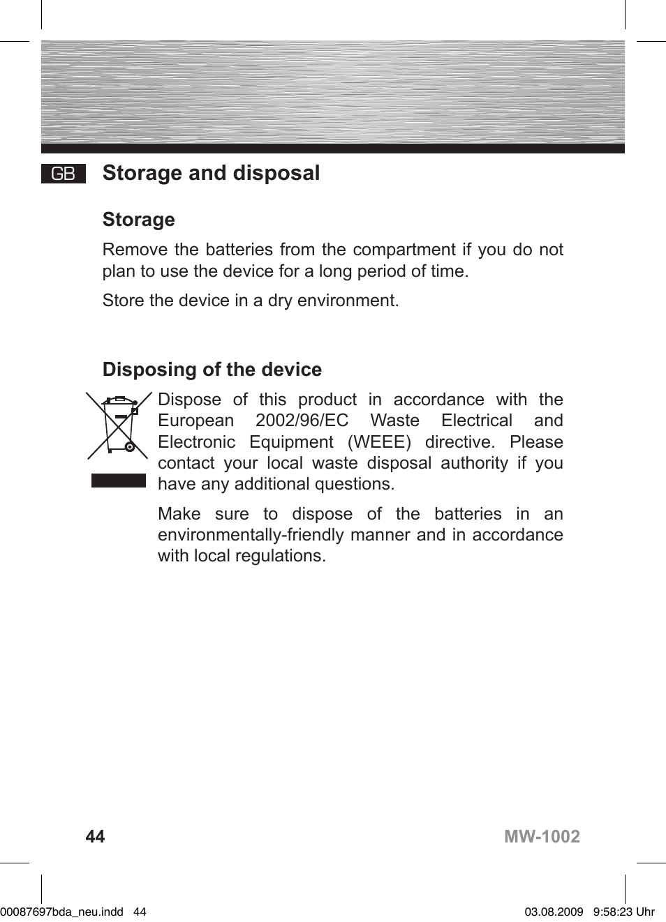 D bedienungsanleitung, Storage and disposal, Storage | Disposing of the device | Hama MW1002 User Manual | Page 44 / 156