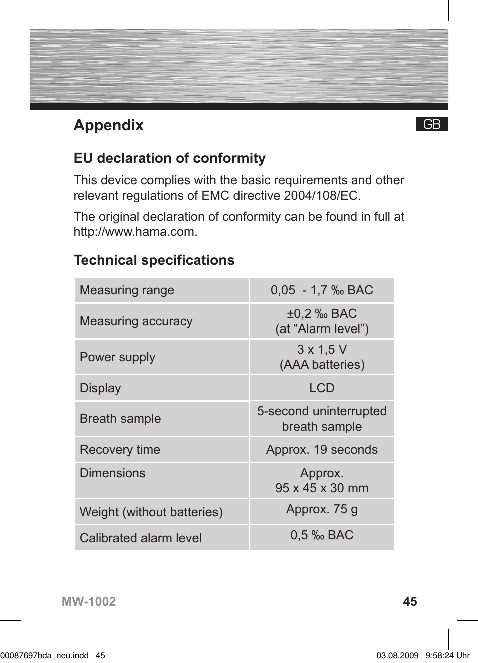 Appendix, Eu declaration of conformity, Technical specifications | Hama MW1002 User Manual | Page 45 / 156