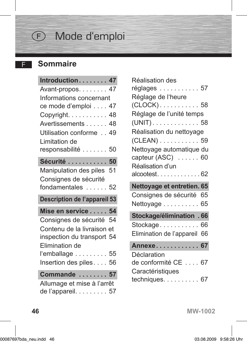 D bedienungsanleitung, F mode d‘emploi, Sommaire | Hama MW1002 User Manual | Page 46 / 156