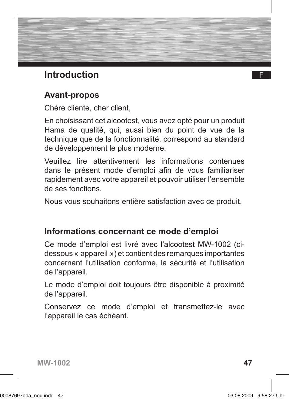 Introduction, Avant-propos, Informations concernant ce mode d’emploi | Hama MW1002 User Manual | Page 47 / 156