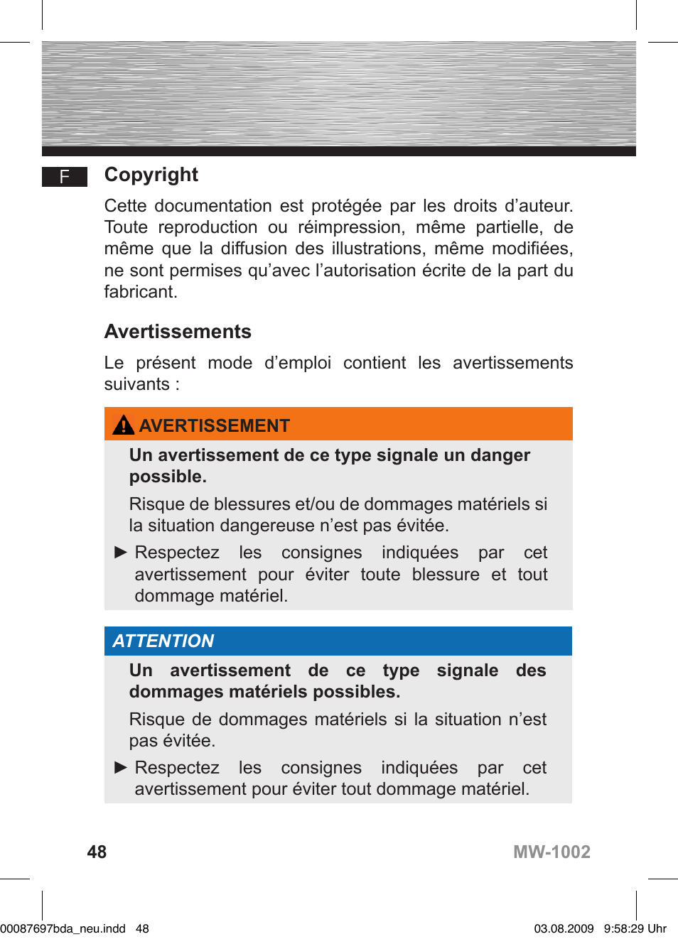 D bedienungsanleitung, Copyright, Avertissements | Hama MW1002 User Manual | Page 48 / 156