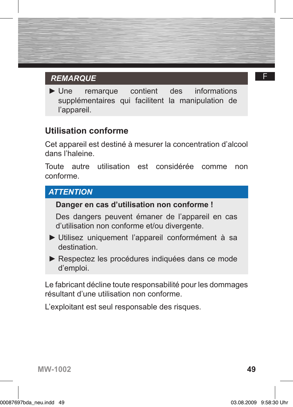 Utilisation conforme | Hama MW1002 User Manual | Page 49 / 156