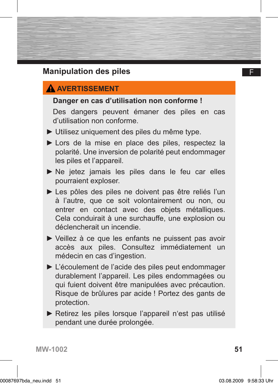 Manipulation des piles | Hama MW1002 User Manual | Page 51 / 156