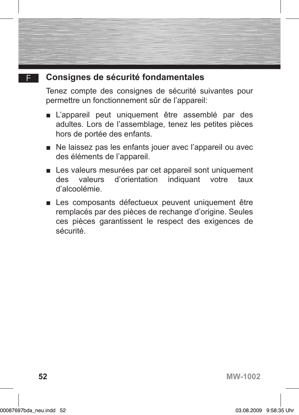 D bedienungsanleitung, Consignes de sécurité fondamentales | Hama MW1002 User Manual | Page 52 / 156