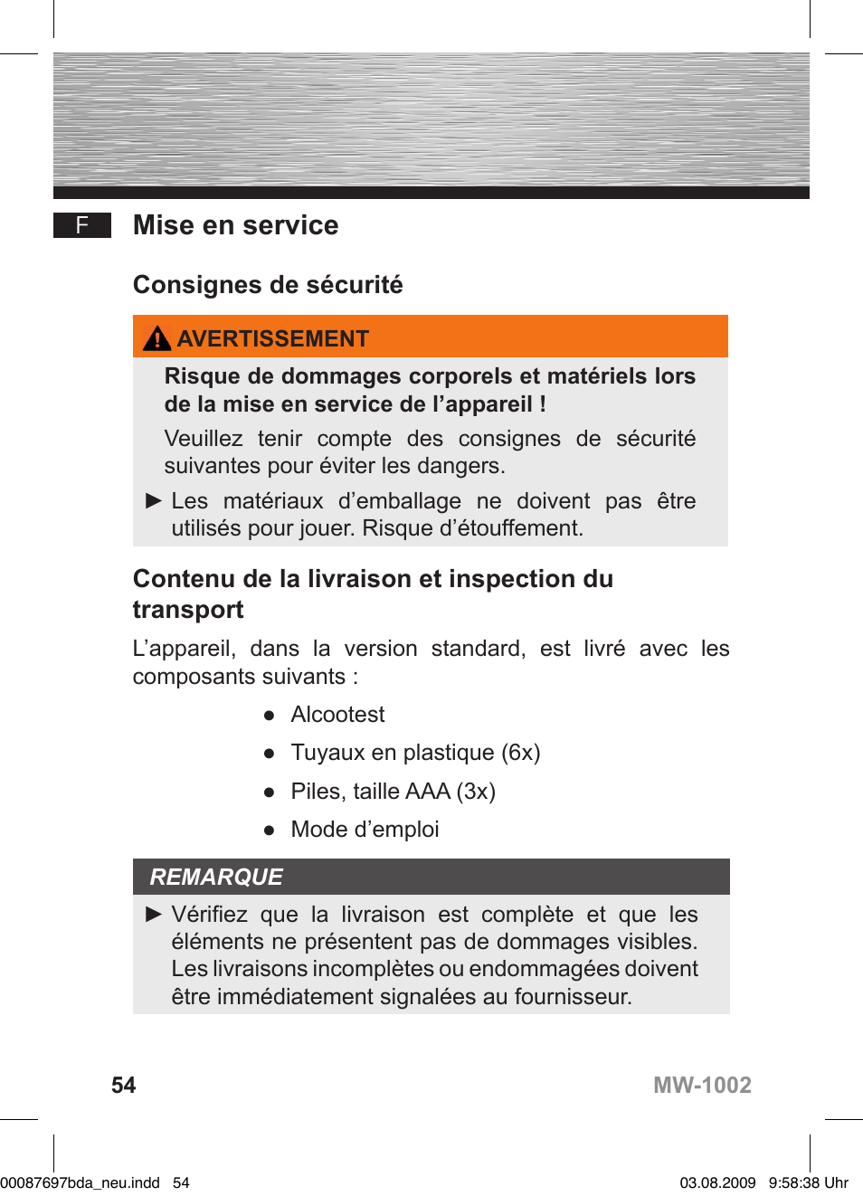 D bedienungsanleitung, Mise en service, Consignes de sécurité | Contenu de la livraison et inspection du transport | Hama MW1002 User Manual | Page 54 / 156