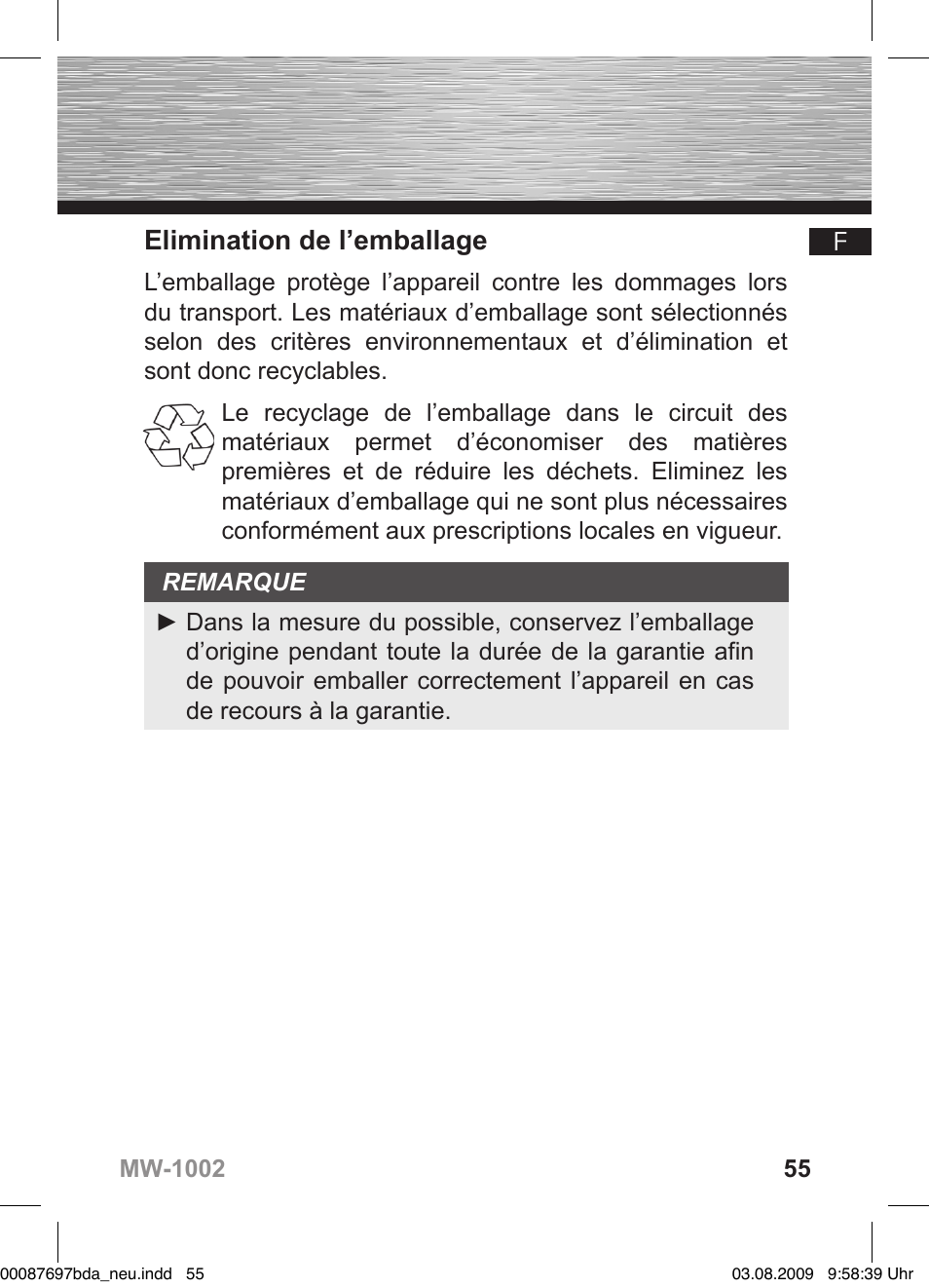 Elimination de l’emballage | Hama MW1002 User Manual | Page 55 / 156