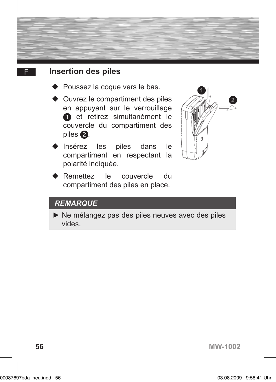 D bedienungsanleitung, Insertion des piles | Hama MW1002 User Manual | Page 56 / 156